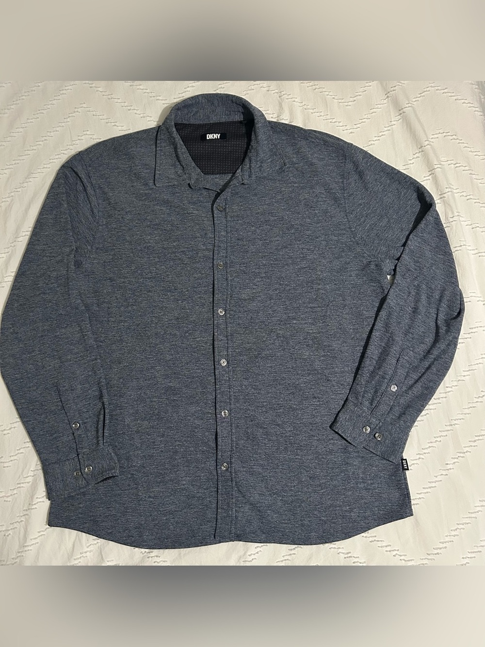 DKNY Men’s Long Sleeve Button Down Shirt Heathered Knit Chambray Blue XL $75